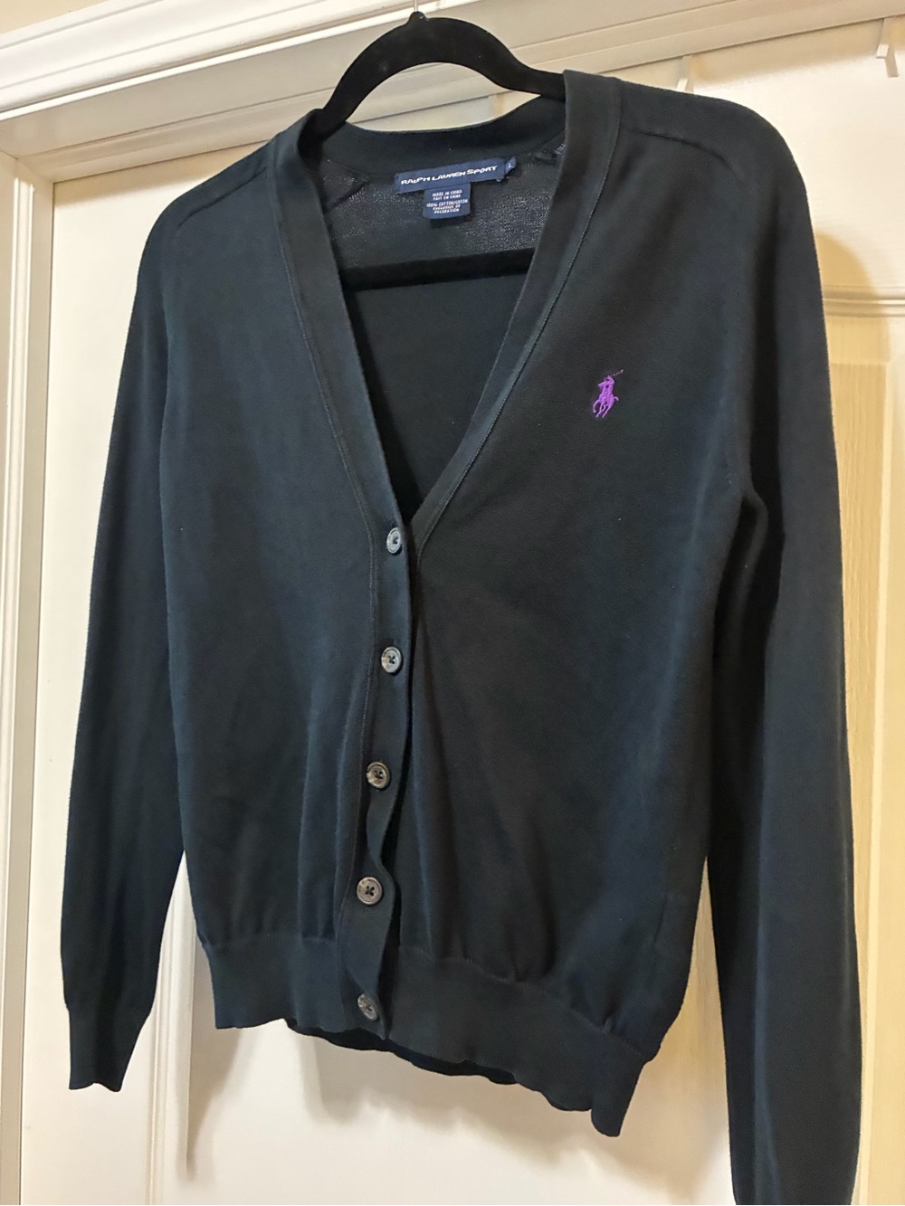 Ralph Lauren Sport Navy V-Neck Cardigan W/Signature Purple Embroidered Polo Pony